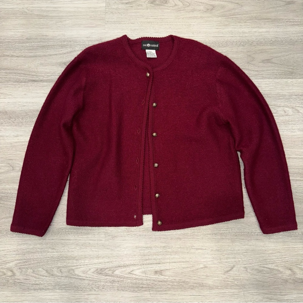 Sag Harbor Vintage Burgundy 100% Wool Cardigan Sweater | Size Medium